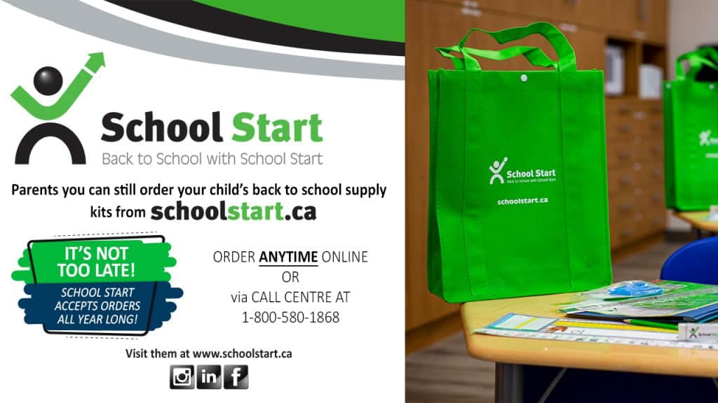 Poster-style ad for School Start: back-to-school kits and ordering info, with a green logo and slogan; green and black graphics on left, green tote bag on the right; classroom setting in background.